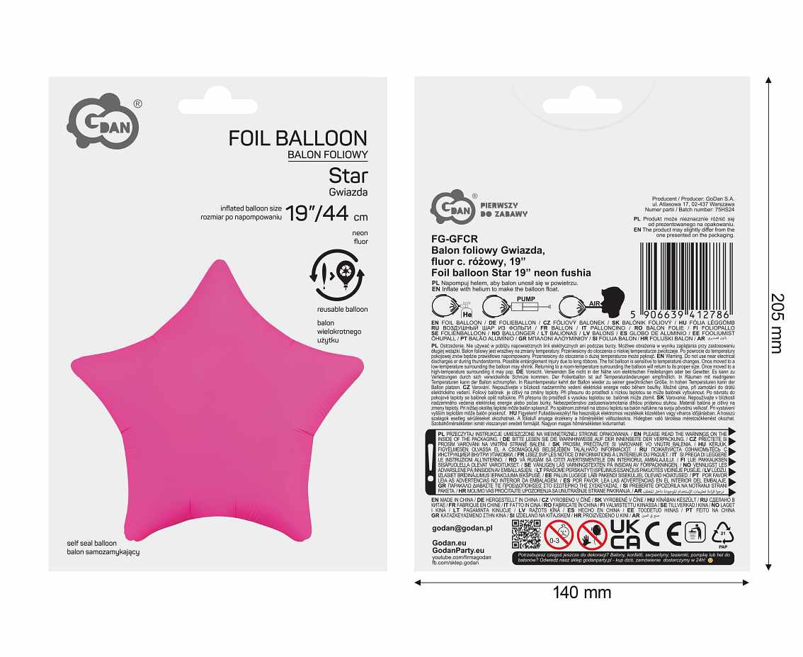 Foil balloon Star 19“ neon fushia